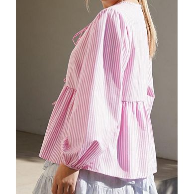 Women's Striped Cut-Out Puff Sleeve Blouse Tie-Front Fashion Top
