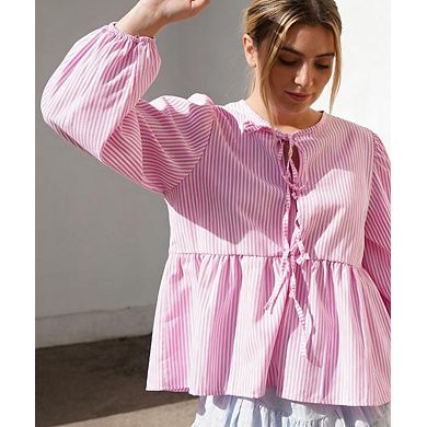 Women's Striped Cut-Out Puff Sleeve Blouse Tie-Front Fashion Top