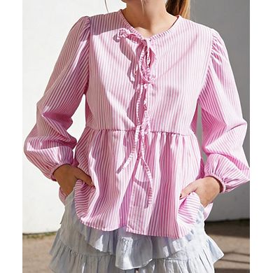 Women's Striped Cut-Out Puff Sleeve Blouse Tie-Front Fashion Top
