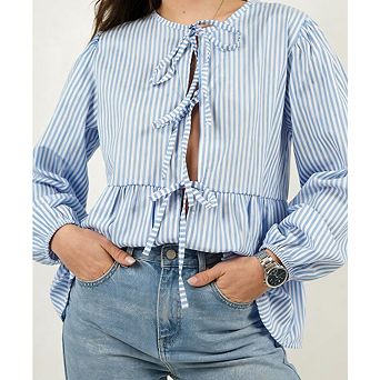Women's Striped Cut-Out Puff Sleeve Blouse Tie-Front Fashion Top