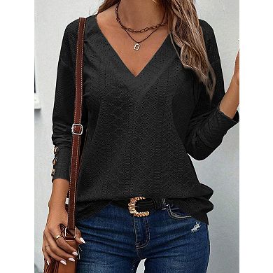Women's V-Neck Long Sleeve Lace Blouse Button-Front Eyelet Top