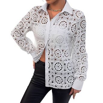 Women's Lace V-Neck Long Sleeve Blouse Elegant Cuffed Shirt