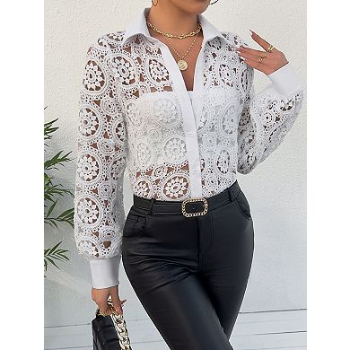 Women's Lace V-Neck Long Sleeve Blouse Elegant Cuffed Shirt