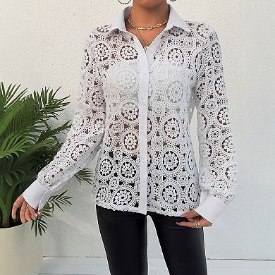 Women's Lace V-Neck Long Sleeve Blouse Elegant Cuffed Shirt
