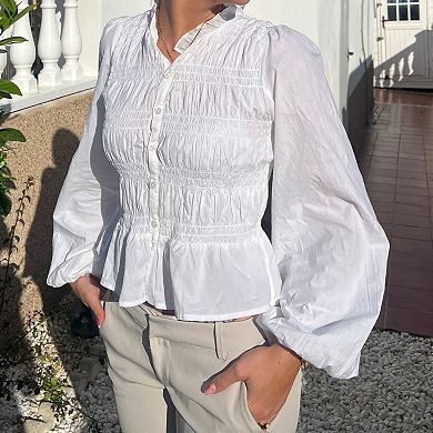 Women's Lantern Sleeve Button-Front Blouse Ruffle Hem Round Neck Top