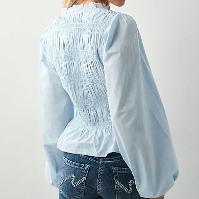 Women's Lantern Sleeve Button-Front Blouse Ruffle Hem Round Neck Top