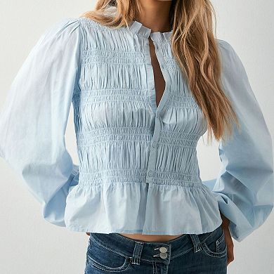 Women's Lantern Sleeve Button-Front Blouse Ruffle Hem Round Neck Top