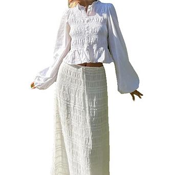 Women's Lantern Sleeve Button-Front Blouse Ruffle Hem Round Neck Top