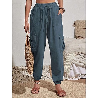 High Waisted Cargo Jogger Pants, Pocketed Elastic Cuff Casual Trousers for Women