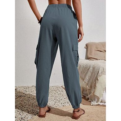 High Waisted Cargo Jogger Pants, Pocketed Elastic Cuff Casual Trousers for Women