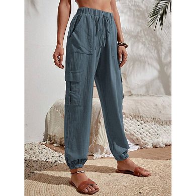 High Waisted Cargo Jogger Pants, Pocketed Elastic Cuff Casual Trousers for Women