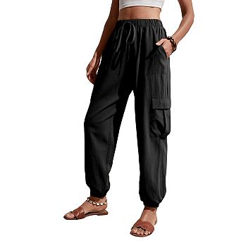 High Waisted Cargo Jogger Pants, Pocketed Elastic Cuff Casual Trousers for Women
