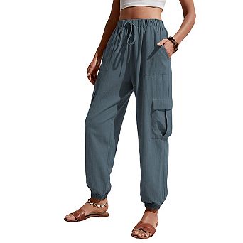 High Waisted Cargo Jogger Pants, Pocketed Elastic Cuff Casual Trousers for Women