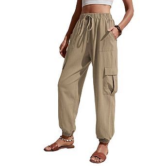 High Waisted Cargo Jogger Pants, Pocketed Elastic Cuff Casual Trousers for Women
