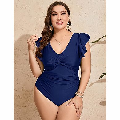 Plus Size Ruffle Sleeve One-Piece Swimsuit