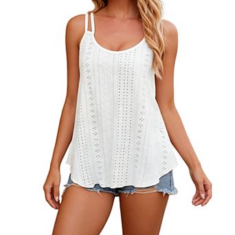 Women's Eyelet Cami Tank Top Double Spaghetti Strap Casual Flowy Sleeveless Blouse