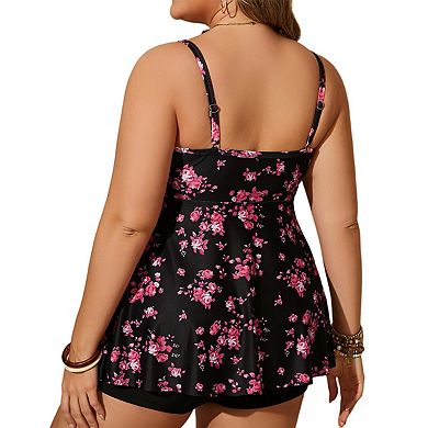 Plus Size Floral Swimsuit Two Piece Tummy Control Adjustable Straps Flowy Swim Tops with Shorts