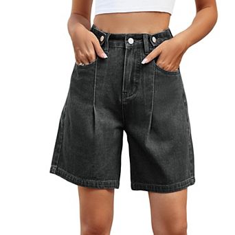 GlowSol Womens Baggy Jean Shorts Button High Waist Stretchy Casual Denim Shorts with Pockets