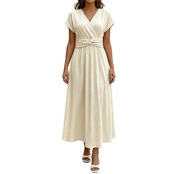 Women's V Neck Wrap Maxi Dress Short Sleeve Waist Knot Flowy Casual Summer Dresses