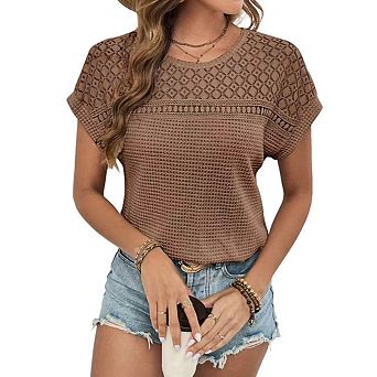 Women's Tops Casual Scoop Neck Short Sleeve Waffle Knit Hollow Out Shirts Loose Tunic Blouses