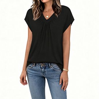 Women's V Neck Pleated T‑Shirt, Batwing Cap Sleeve Loose Fit Casual Short Sleeve Top