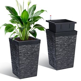 Set of 2 16" Tall Self-Watering Planters, Indoor/Outdoor Pots with Drainage Holes & Water Level