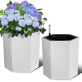 Self-Watering Planter Set of 2, 16 Inch Tall Large Plastic Pots with Water Monitor, Drainage & Wheel
