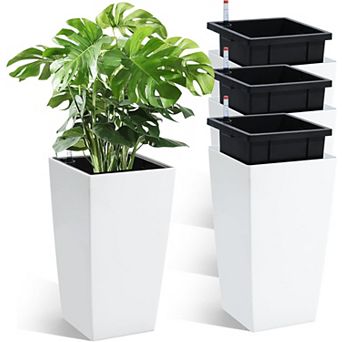 Self-Watering Large Planter Set of 4, 16" Tall Resin Flower Pot with Drainage Holes & Water Level