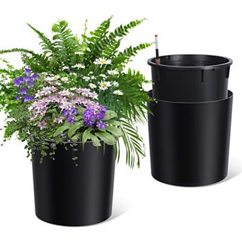 Set of 2 Tall Round Planters, 19.5"/20" Large Self-Watering Pots with Wheels & Water Level Monitor
