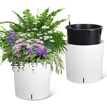 Set of 2 Tall Round Planters, 19.5"/20" Large Self-Watering Pots with Wheels & Water Level Monitor