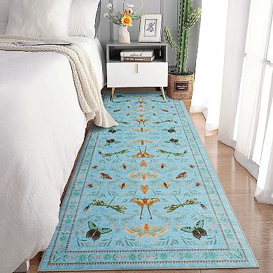 Washable Insect Area Rugs, Butterfly Botanical Boho Non Slip Stain-Resistant Runners Carpet