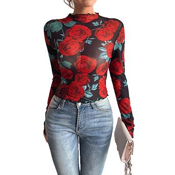 Women's Floral Print Mesh Long Sleeve Top High Neck Fitted Casual Party Daily Wear Blouse