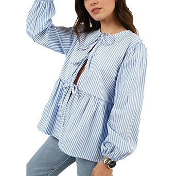 Women's Striped Long Sleeve Blouse Tie Neck Peplum Hem Casual Summer Vacation Top