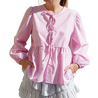 Women's Striped Long Sleeve Blouse Tie Neck Peplum Hem Casual Summer Vacation Top