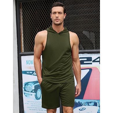Men's 2 Piece Hooded Tank and Shorts Set, Sleeveless Activewear Tracksuit for Men