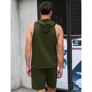 Men's 2 Piece Hooded Tank and Shorts Set, Sleeveless Activewear Tracksuit for Men