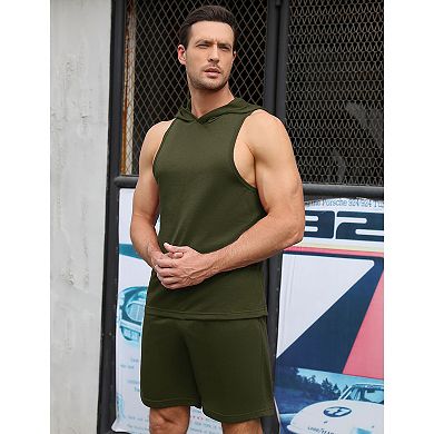 Men's 2 Piece Hooded Tank and Shorts Set, Sleeveless Activewear Tracksuit for Men