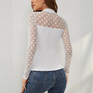 Mesh Long Sleeve Tops for Women Sheer Patchwork Shirts Elegant Blouse Basic Tops Fall Clothings