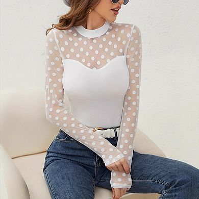 Mesh Long Sleeve Tops for Women Sheer Patchwork Shirts Elegant Blouse Basic Tops Fall Clothings