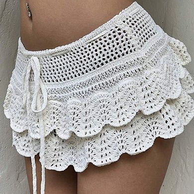 Women's Mini Swimsuit Beach Drawstring Layered Crochet Mini Skirt