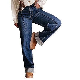 High Waisted Jeans for Women Distressed Stretchy Fit Spliced Rolled Hem Straight Leg Denim Pants
