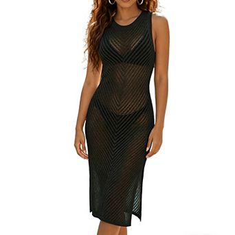 Women's Crochet Knit Cover Up Dress Sleeveless Side Slit Beach Swimwear Cover Up