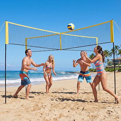 4 Square Volleyball Net Set 14FT, 3 Adjustable Heights, Portable PE Net with Ball Pump Bag for Backy