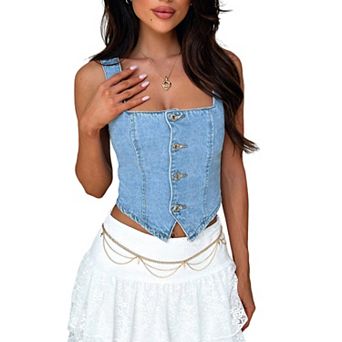 GlowSol Womens Denim Button Down Square Neck Tank Tops Slim Backless Corset Top Smocking Vest