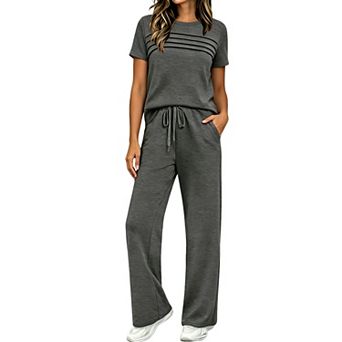 Women 2 pc Outfit Short Sleeve Pleated Top and Drawstring Waist Pants Casual Loungewear Set