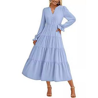 Women Long Sleeve Dress V Neck Tiered A Line Spring Elegant Modest Flowy Wedding Guest Maxi Dresses