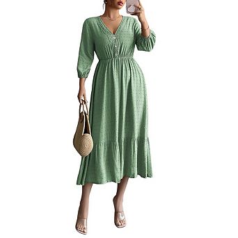 Women Boho Maxi Dress V Neck Swiss Dot Button 3/4 Sleeve High Waisted A Line Ruffle Long Dress