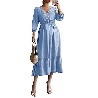 Women Boho Maxi Dress V Neck Swiss Dot Button 3/4 Sleeve High Waisted A Line Ruffle Long Dress