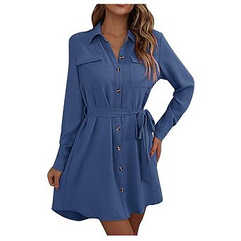 Women's Button Down Shirt Lapel Dress Long Sleeve Commuting Lace Up Shirt Midi Dress