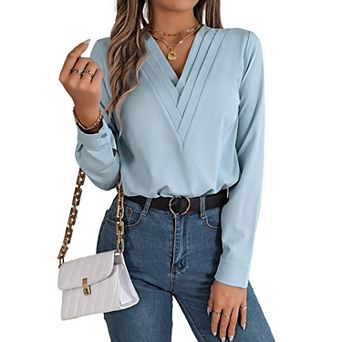 Long Sleeve Shirts for Women V Neck Tops Elegant Blouse Business Casual Tees